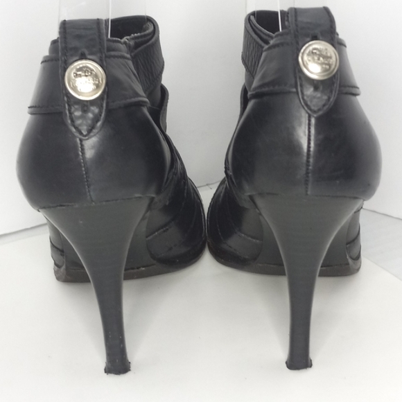 COACH Brandie Black Leather Silver Logo Button PeepToe Booties WornButNotWornOut - Picture 8 of 16
